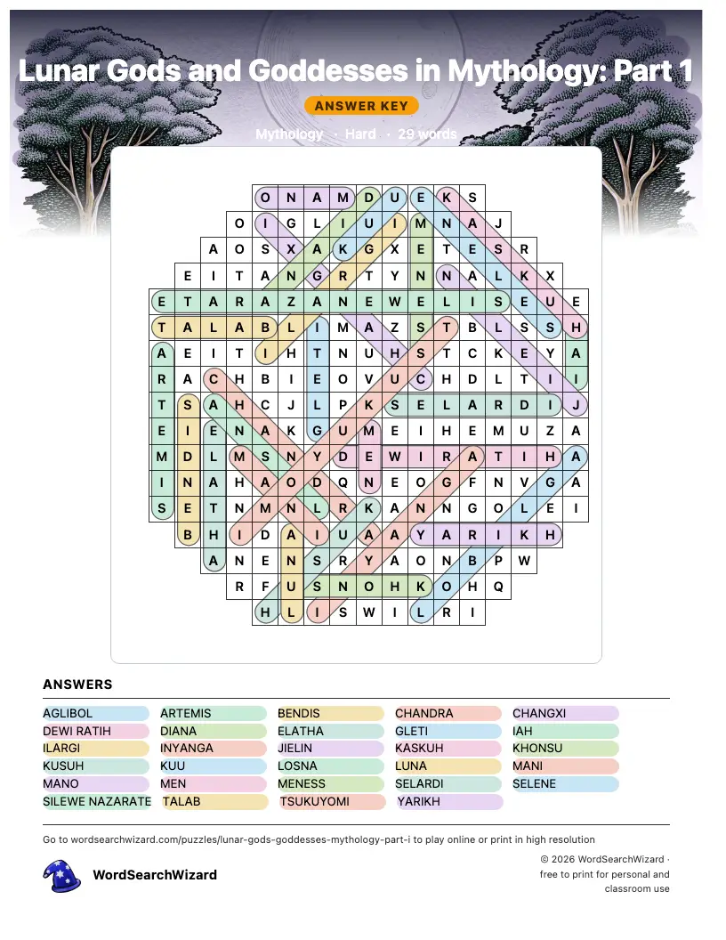 Lunar Gods and Goddesses in Mythology: Part 1 word search answer key, all 29 words marked