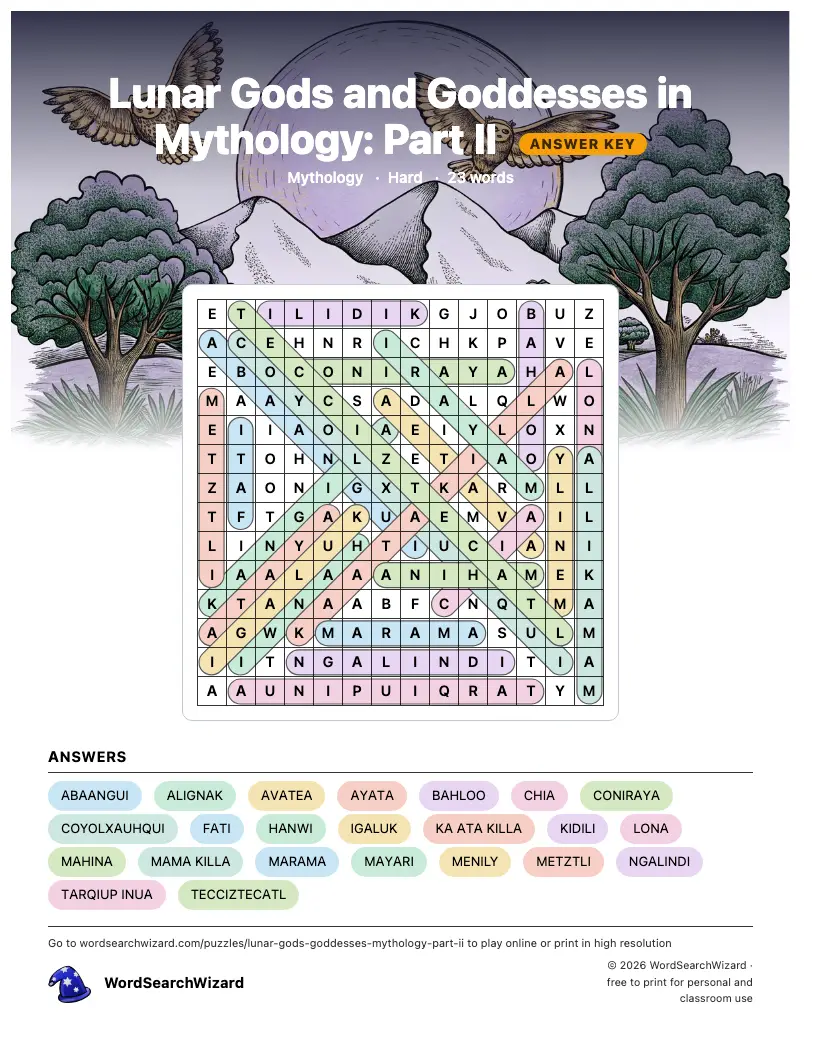 Lunar Gods and Goddesses in Mythology: Part II word search answer key, all 23 words marked