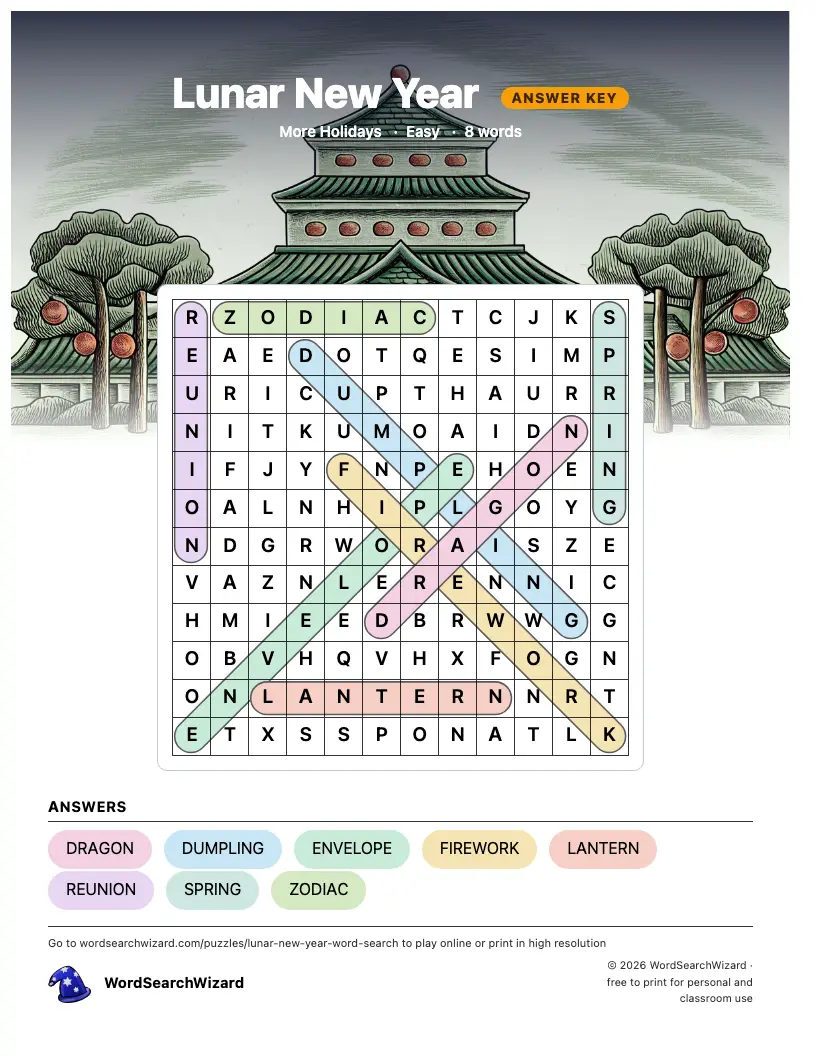 Lunar New Year word search answer key, all 8 words marked
