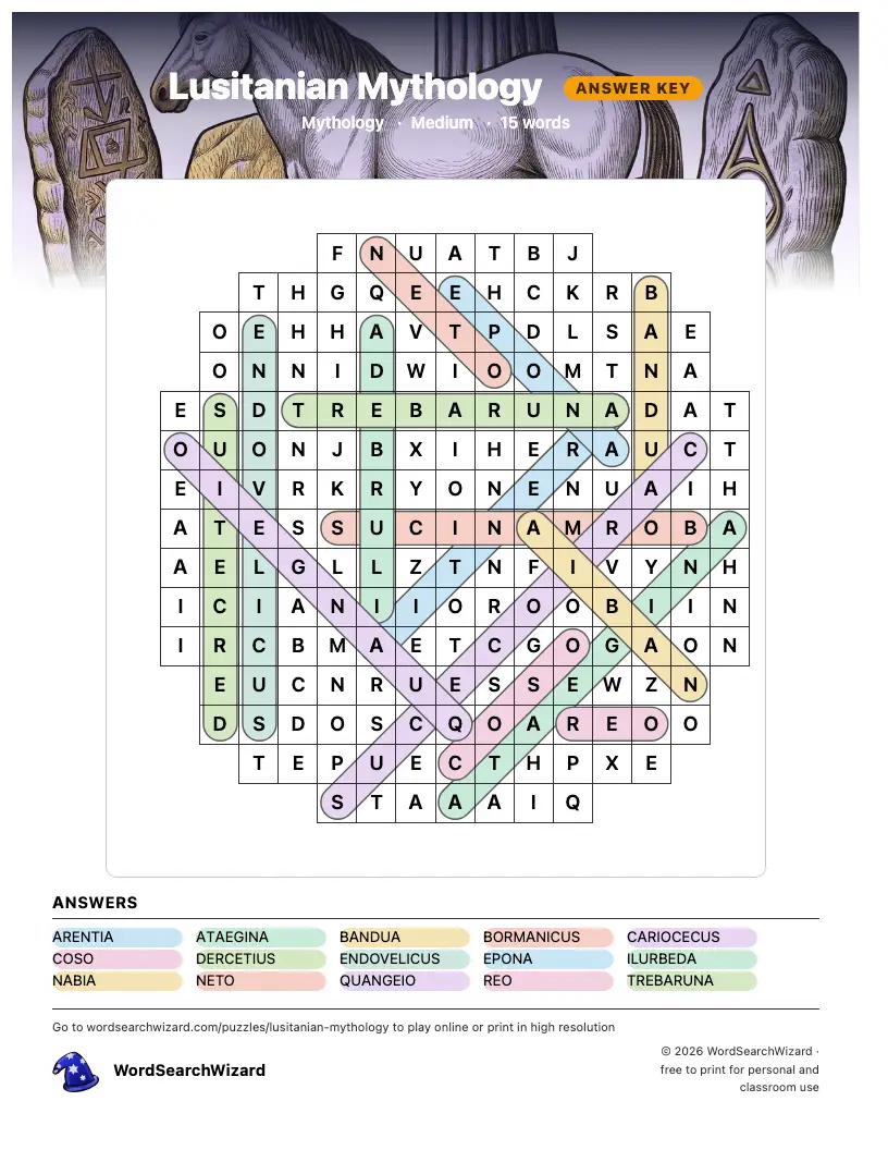 Lusitanian Mythology word search answer key, all 15 words marked