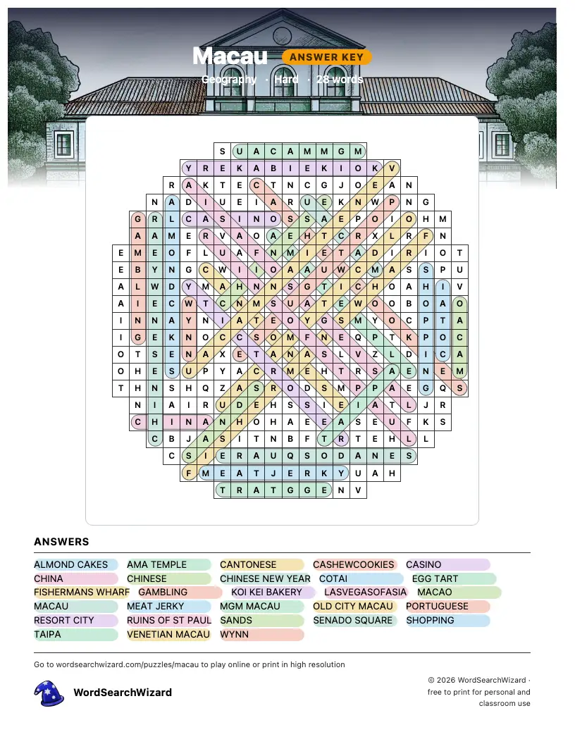 Macau word search answer key, all 28 words marked