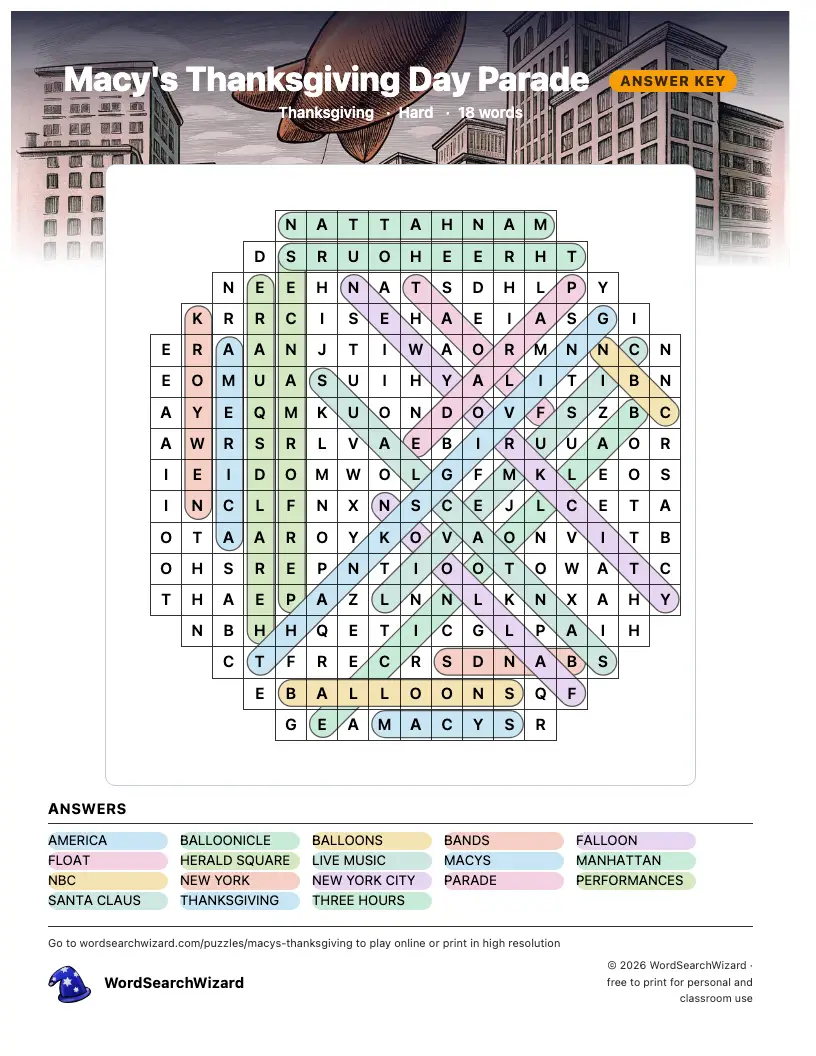 Macy's Thanksgiving Day Parade word search answer key, all 18 words marked