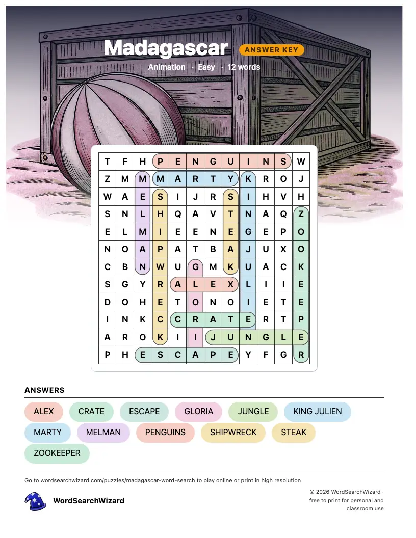 Madagascar word search answer key, all 12 words marked