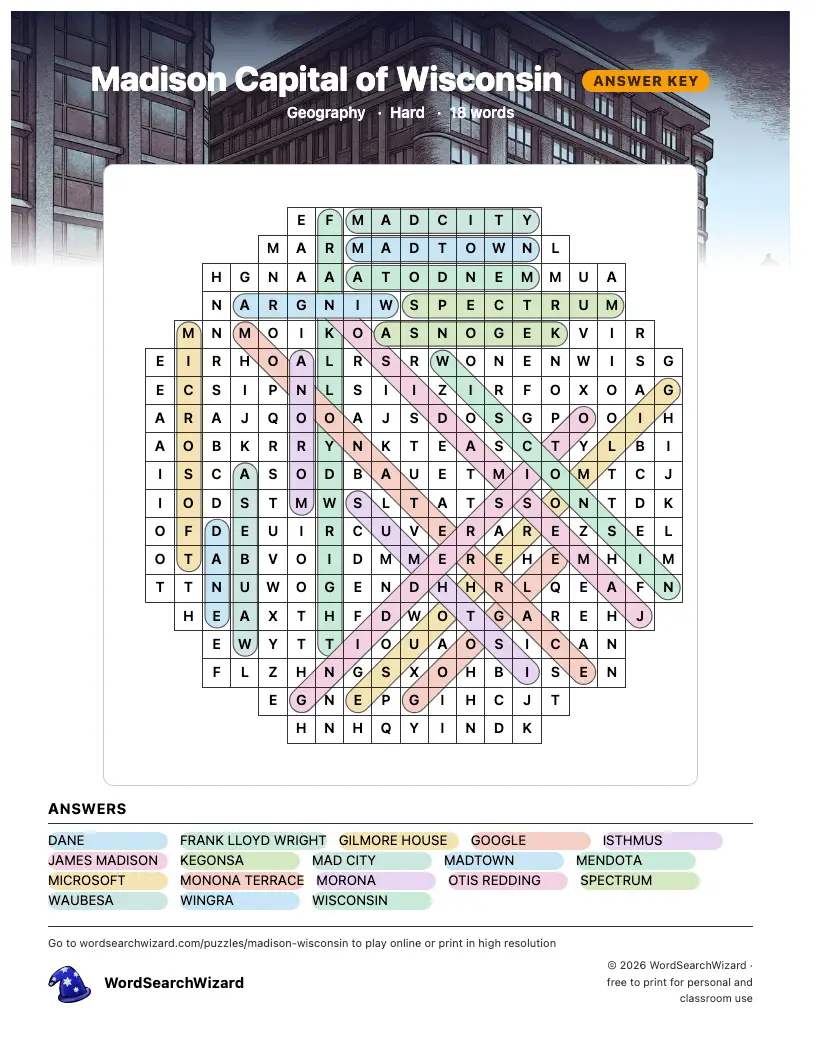 Madison Capital of Wisconsin word search answer key, all 18 words marked