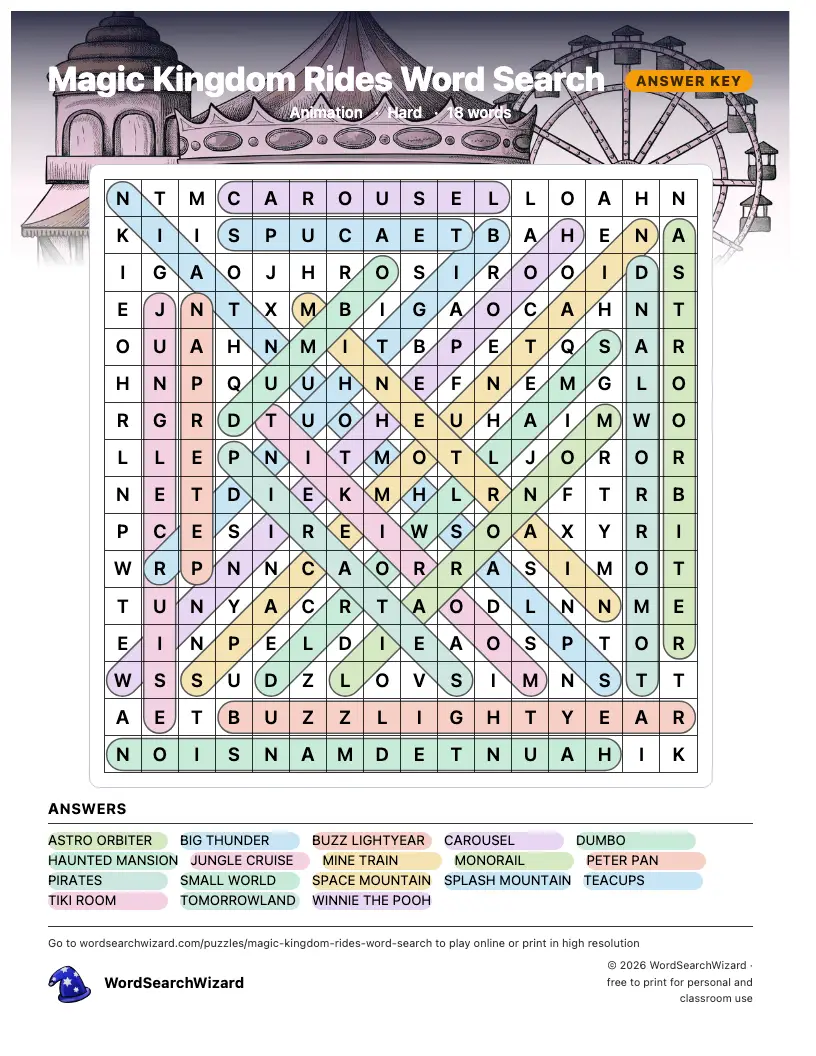 Magic Kingdom Rides word search answer key, all 18 words marked