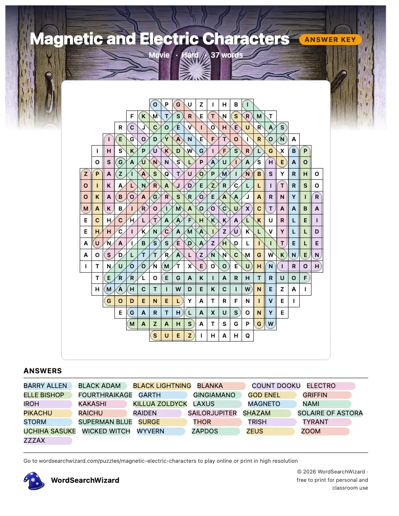 Magnetic and Electric Characters word search answer key, all 37 words marked