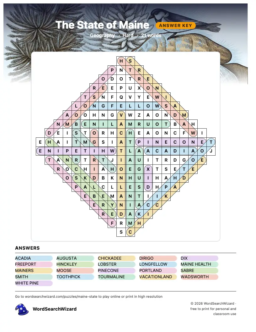 The State of Maine word search answer key, all 21 words marked