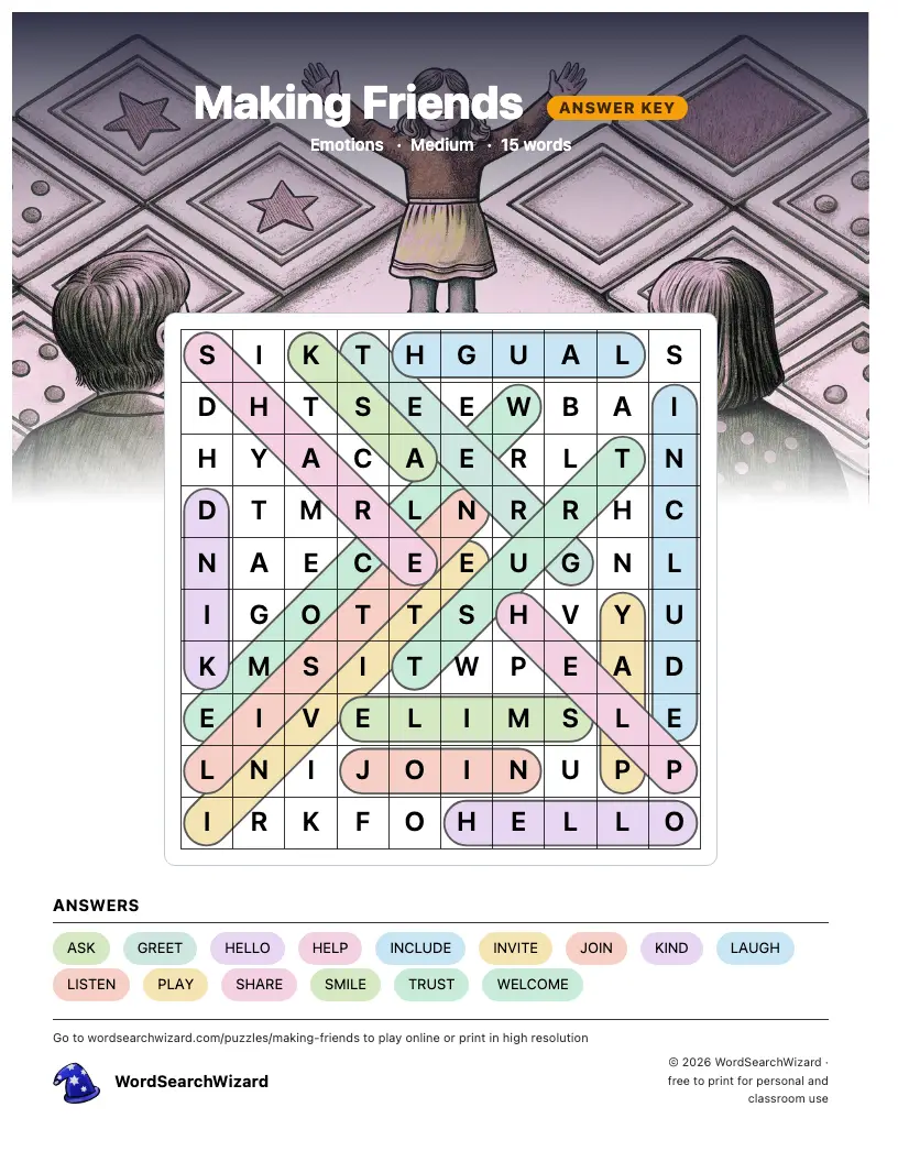 Making Friends word search answer key, all 15 words marked
