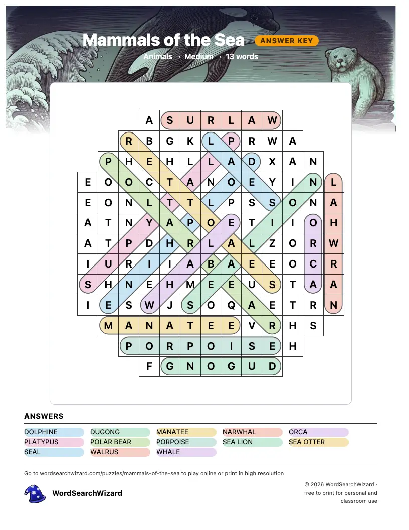Mammals of the Sea word search answer key, all 13 words marked