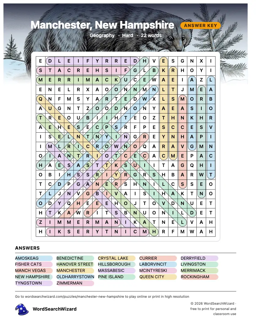 Manchester, New Hampshire word search answer key, all 22 words marked