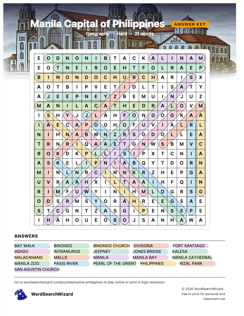 Manila Capital of Philippines word search answer key, all 21 words marked
