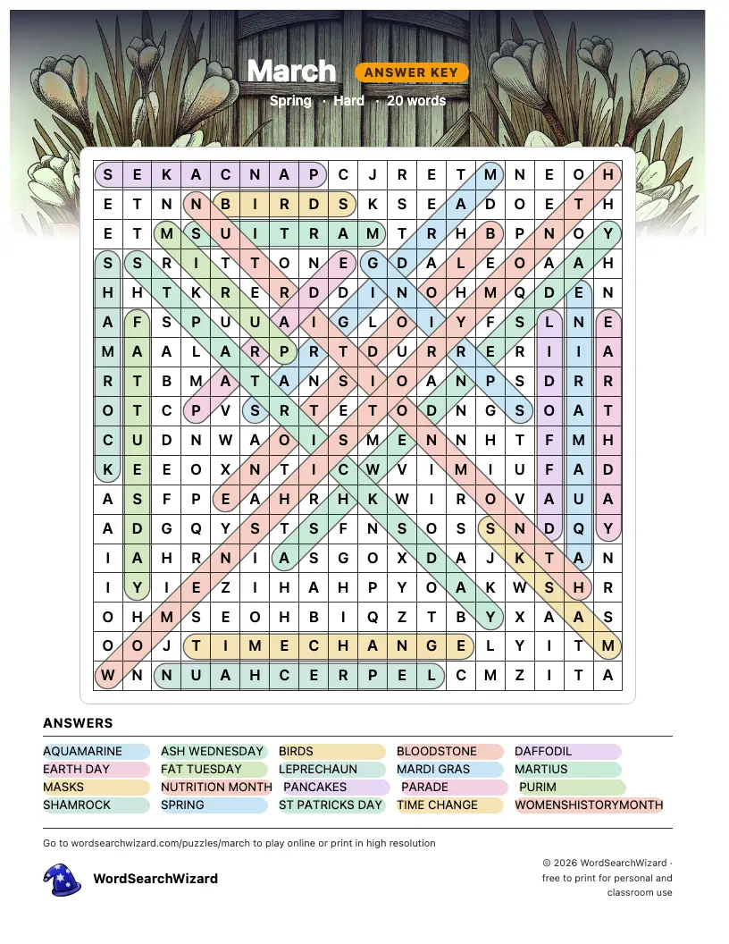 March word search answer key, all 20 words marked