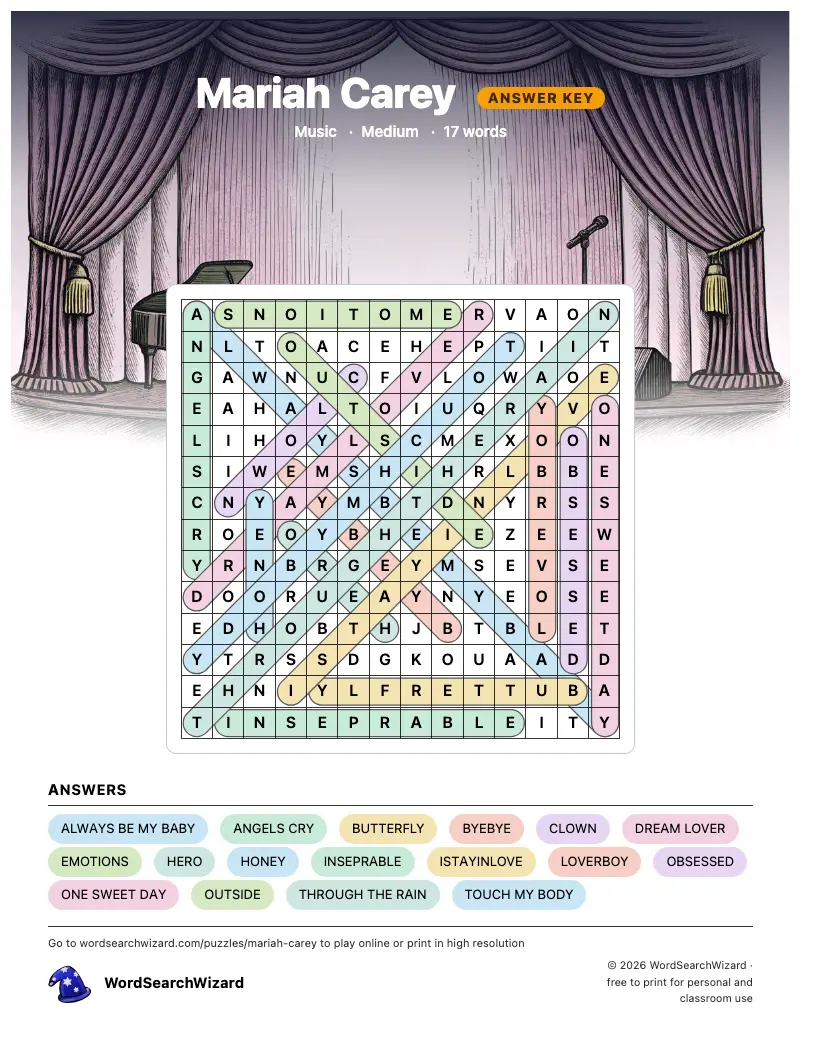 Mariah Carey word search answer key, all 17 words marked