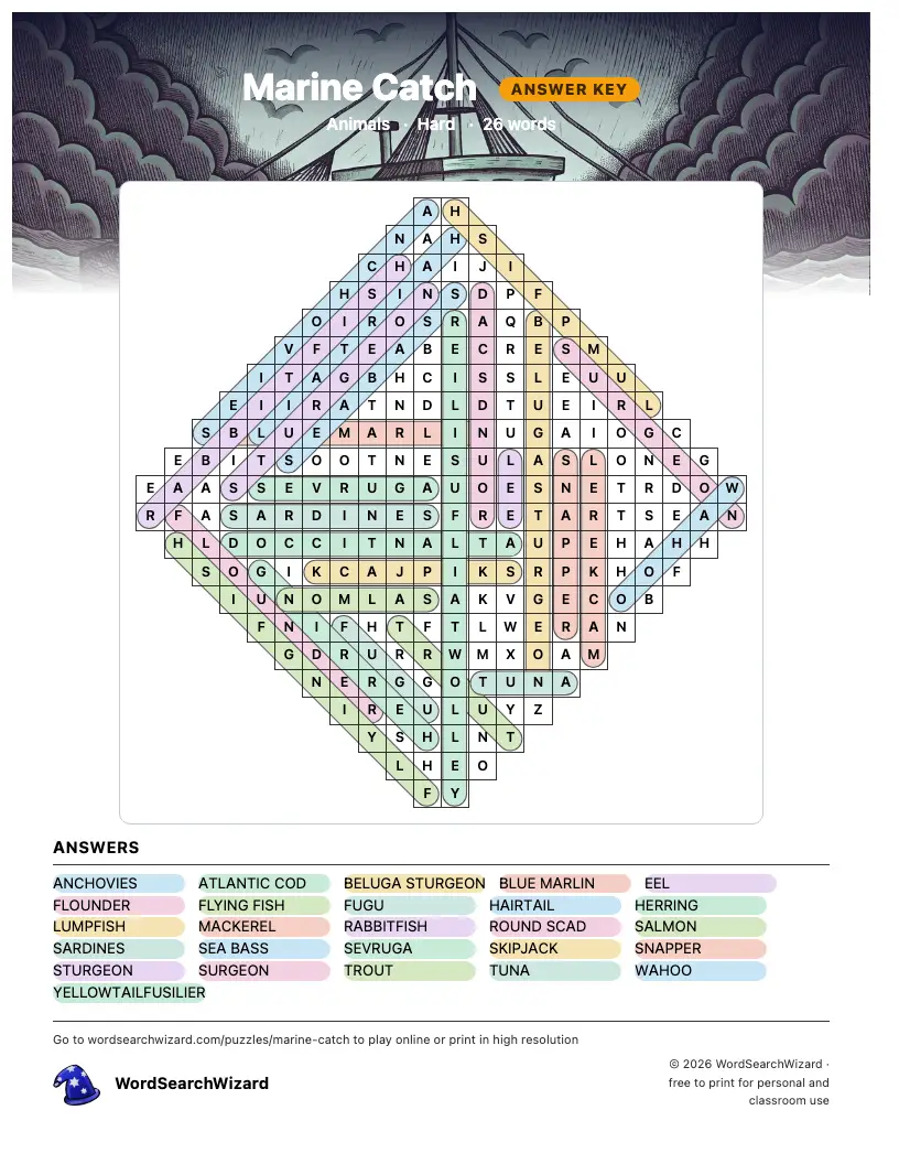 Marine Catch word search answer key, all 26 words marked