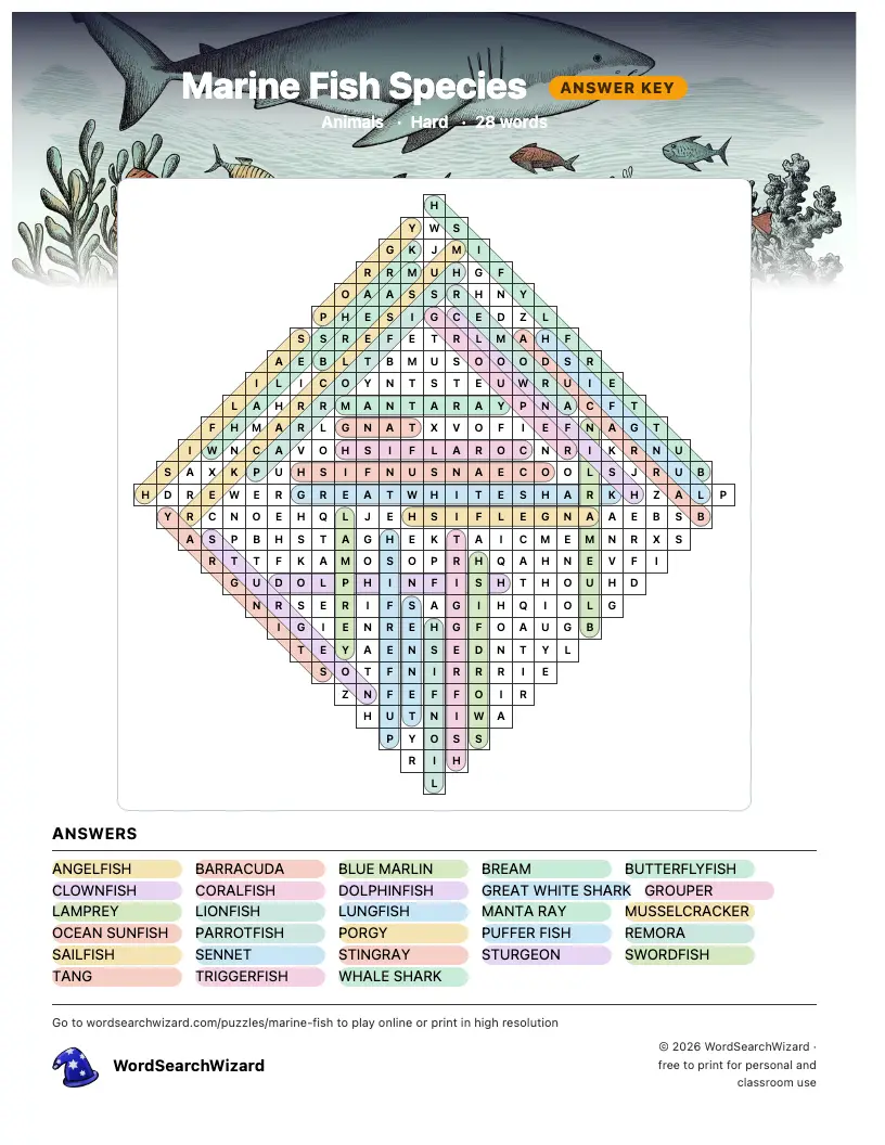 Marine Fish Species word search answer key, all 28 words marked