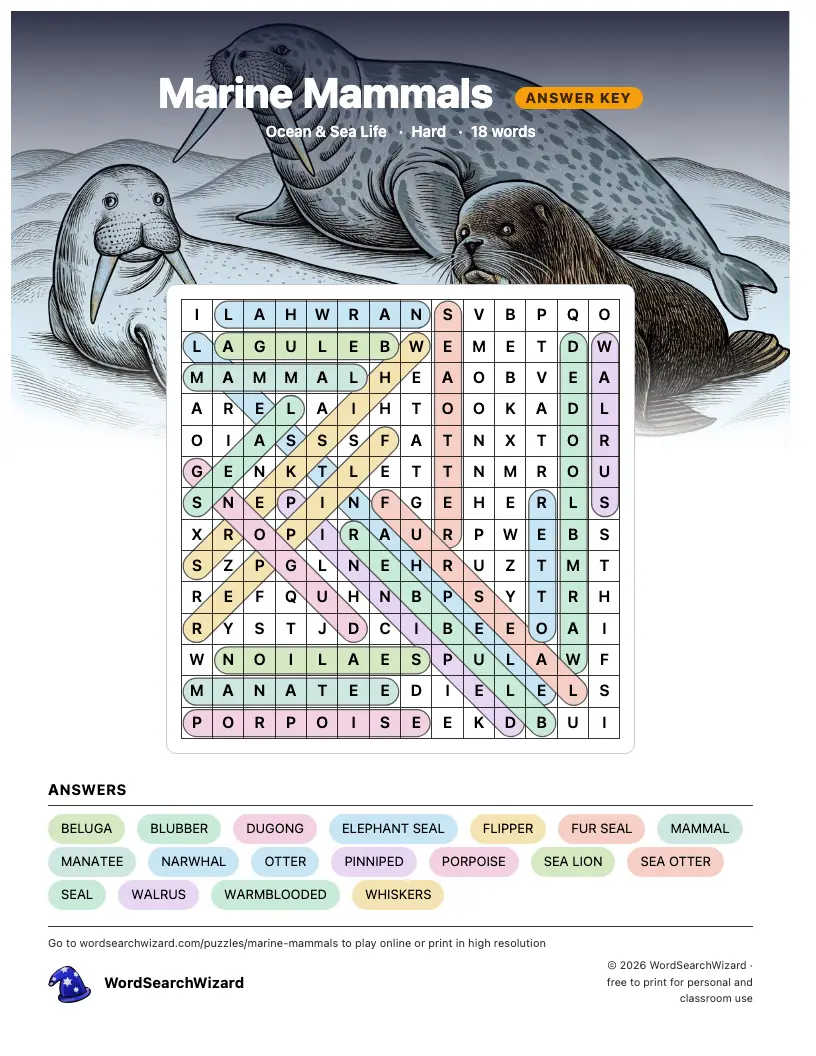 Marine Mammals word search answer key, all 18 words marked