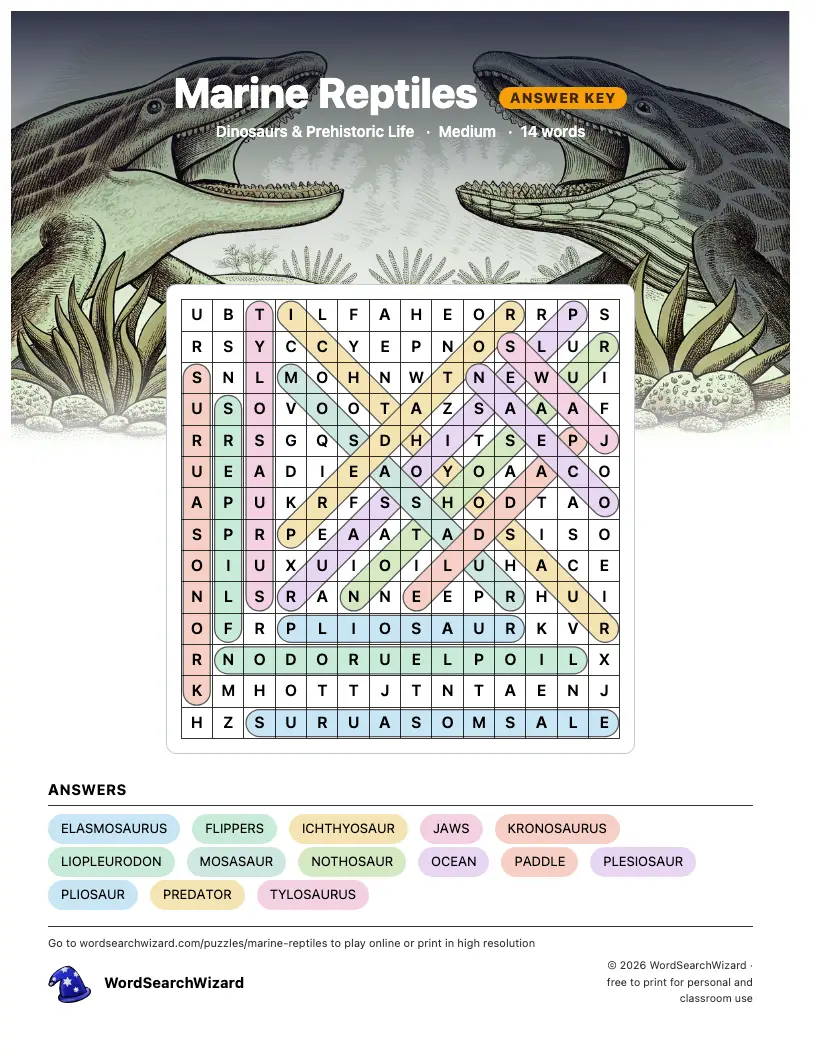 Marine Reptiles word search answer key, all 14 words marked