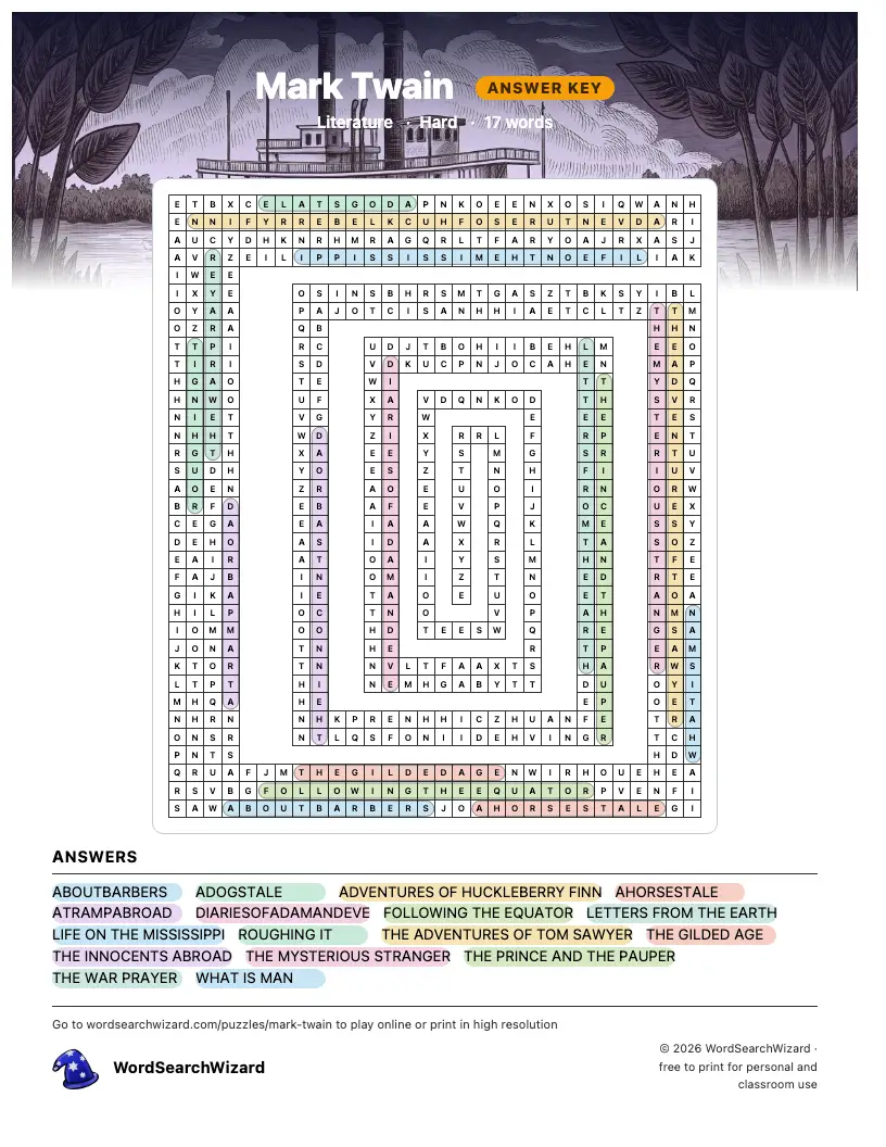 Mark Twain word search answer key, all 17 words marked