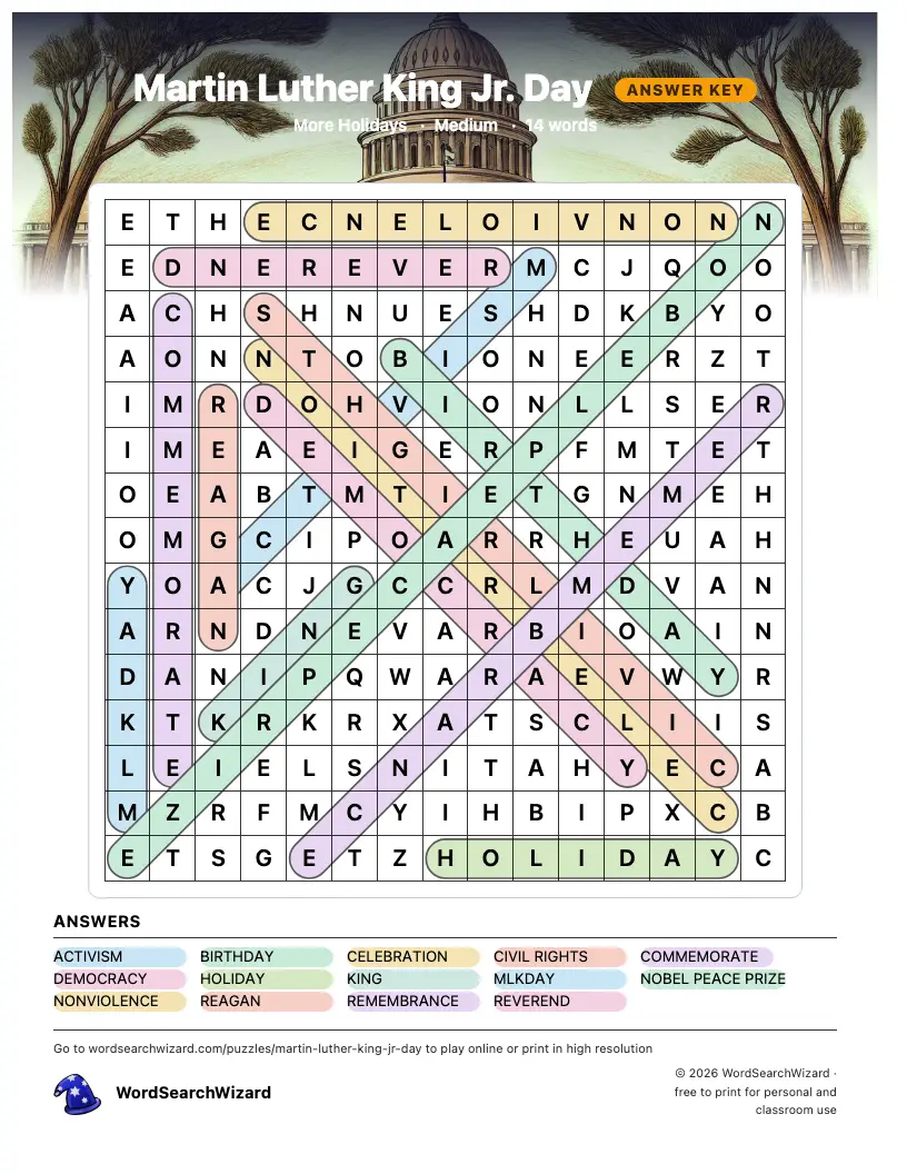 Martin Luther King Jr. Day word search answer key, all 14 words marked