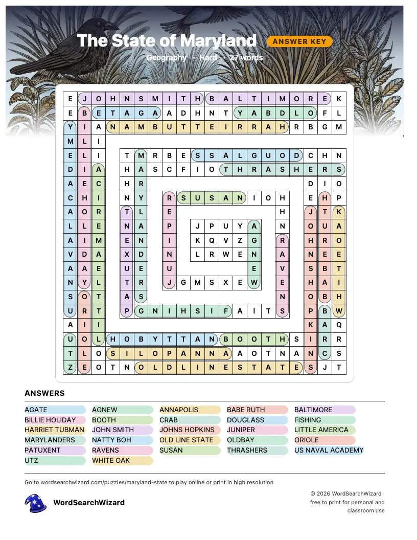 The State of Maryland word search answer key, all 27 words marked