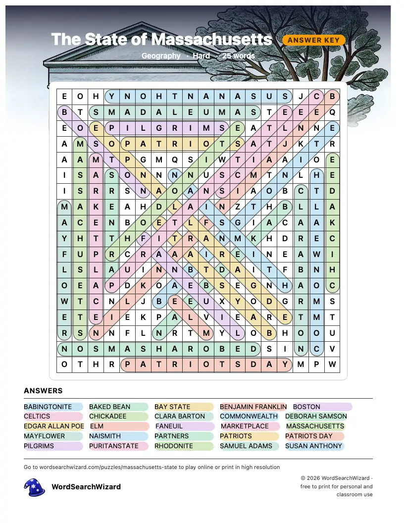 The State of Massachusetts word search answer key, all 25 words marked