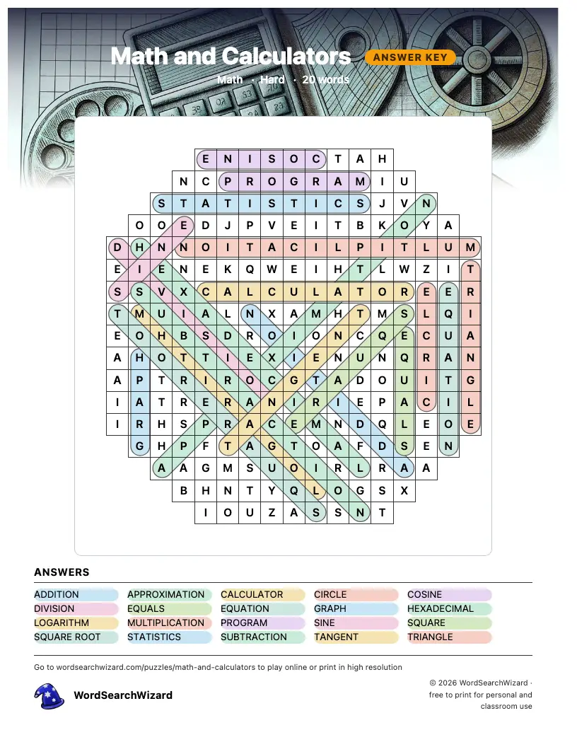 Math and Calculators word search answer key, all 20 words marked