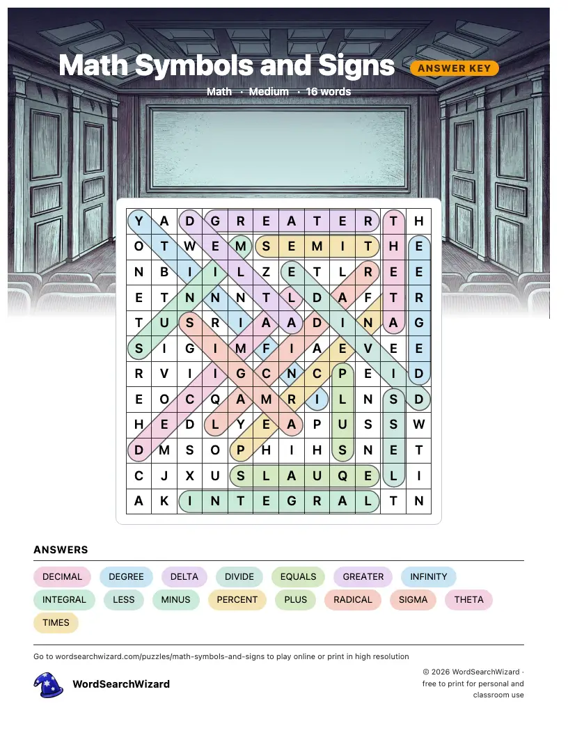 Math Symbols and Signs word search answer key, all 16 words marked