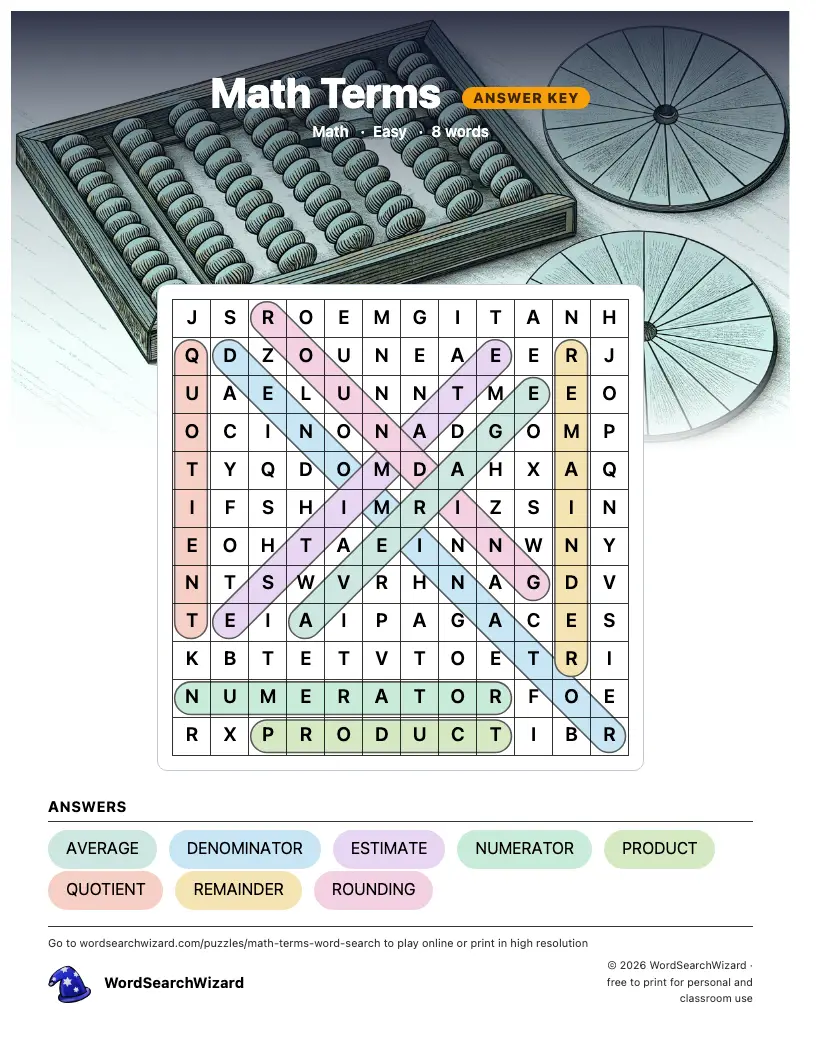 Math Terms word search answer key, all 8 words marked