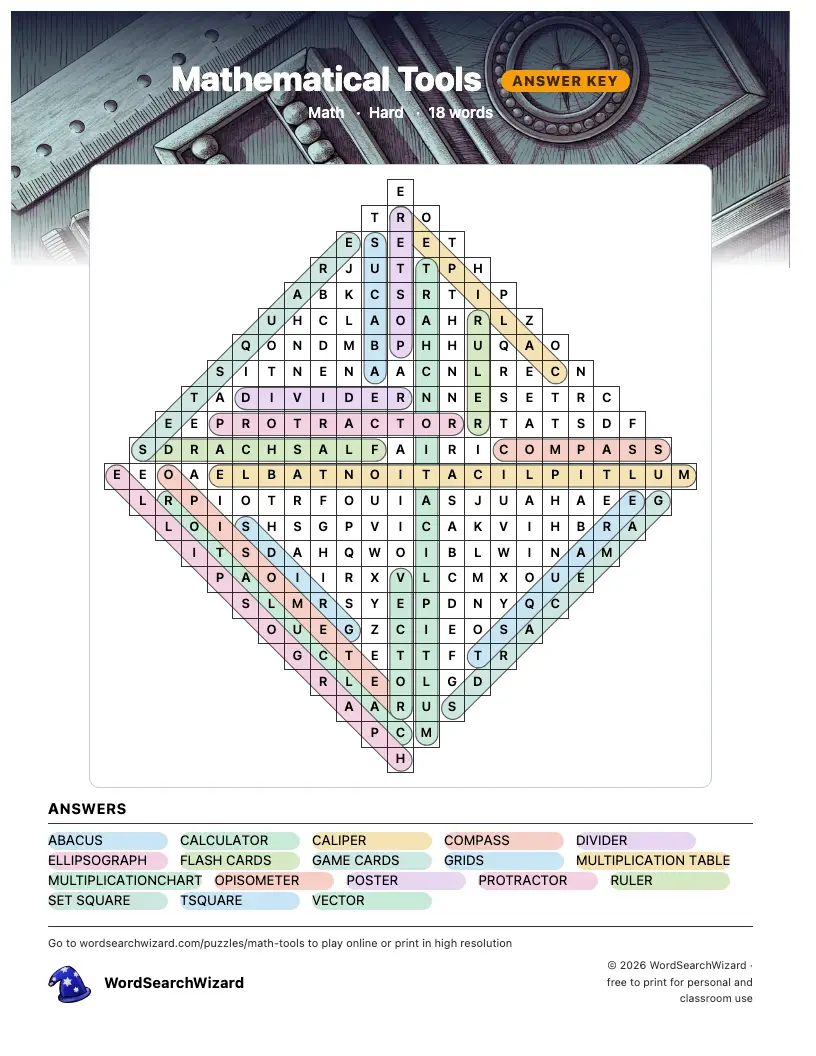 Mathematical Tools word search answer key, all 18 words marked