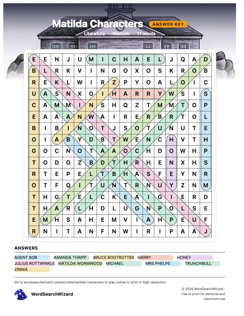 Matilda Characters word search answer key, all 11 words marked