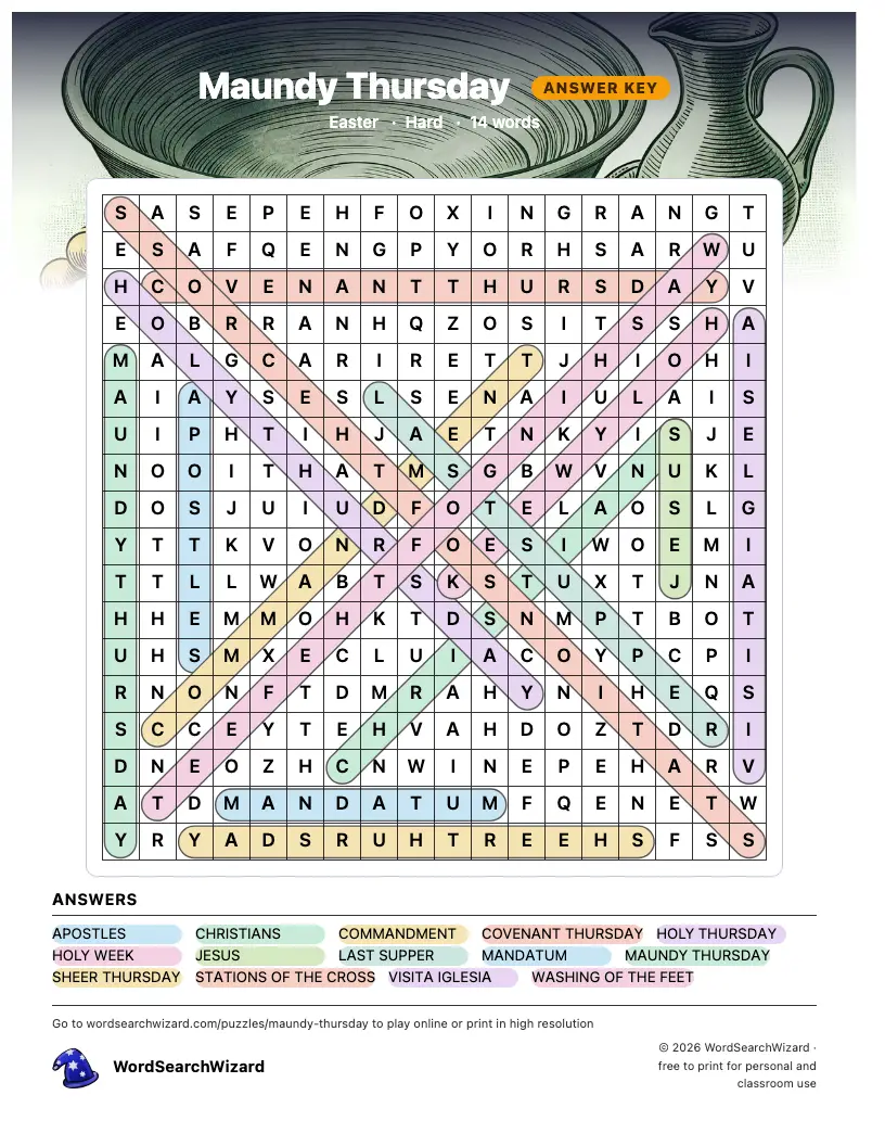 Maundy Thursday word search answer key, all 14 words marked