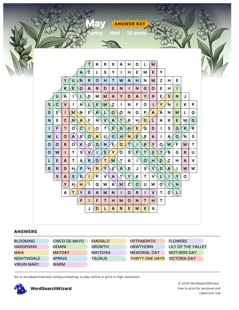 May word search answer key, all 22 words marked