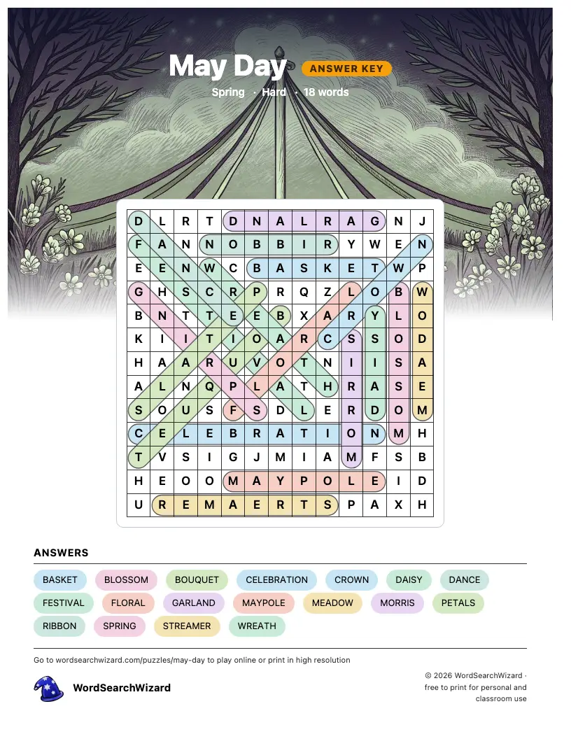 May Day word search answer key, all 18 words marked