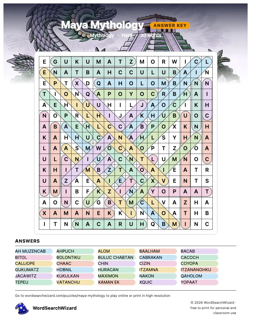 Maya Mythology word search answer key, all 30 words marked
