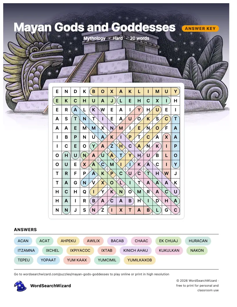 Mayan Gods and Goddesses word search answer key, all 20 words marked