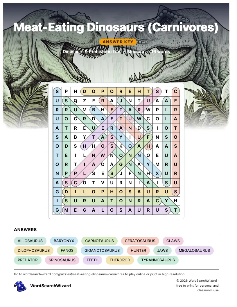 Meat-Eating Dinosaurs (Carnivores) word search answer key, all 16 words marked