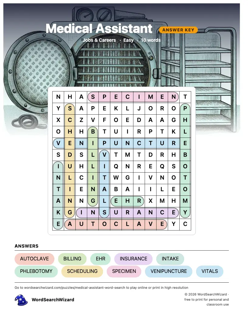 Medical Assistant word search answer key, all 10 words marked
