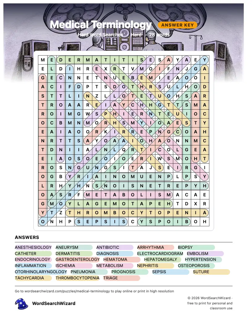 Medical Terminology word search answer key, all 28 words marked