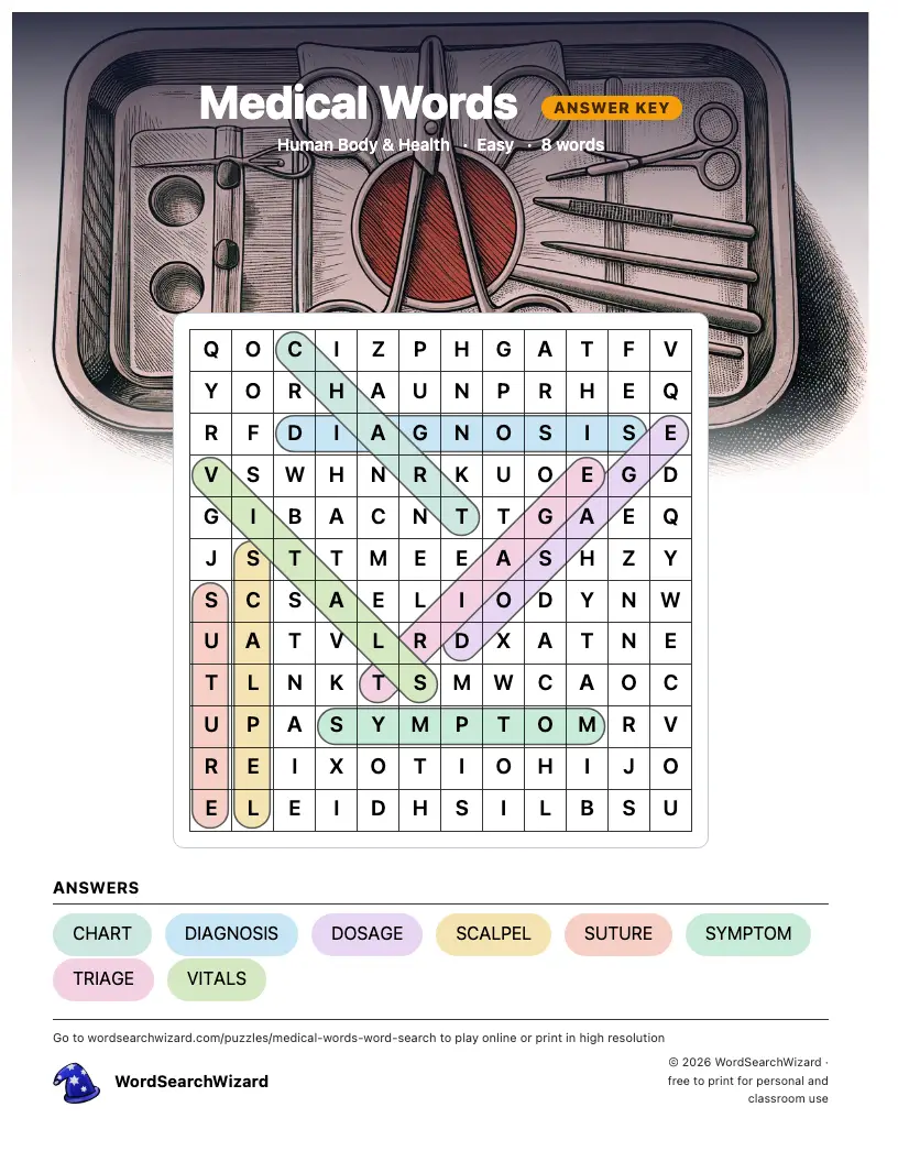 Medical Words word search answer key, all 8 words marked
