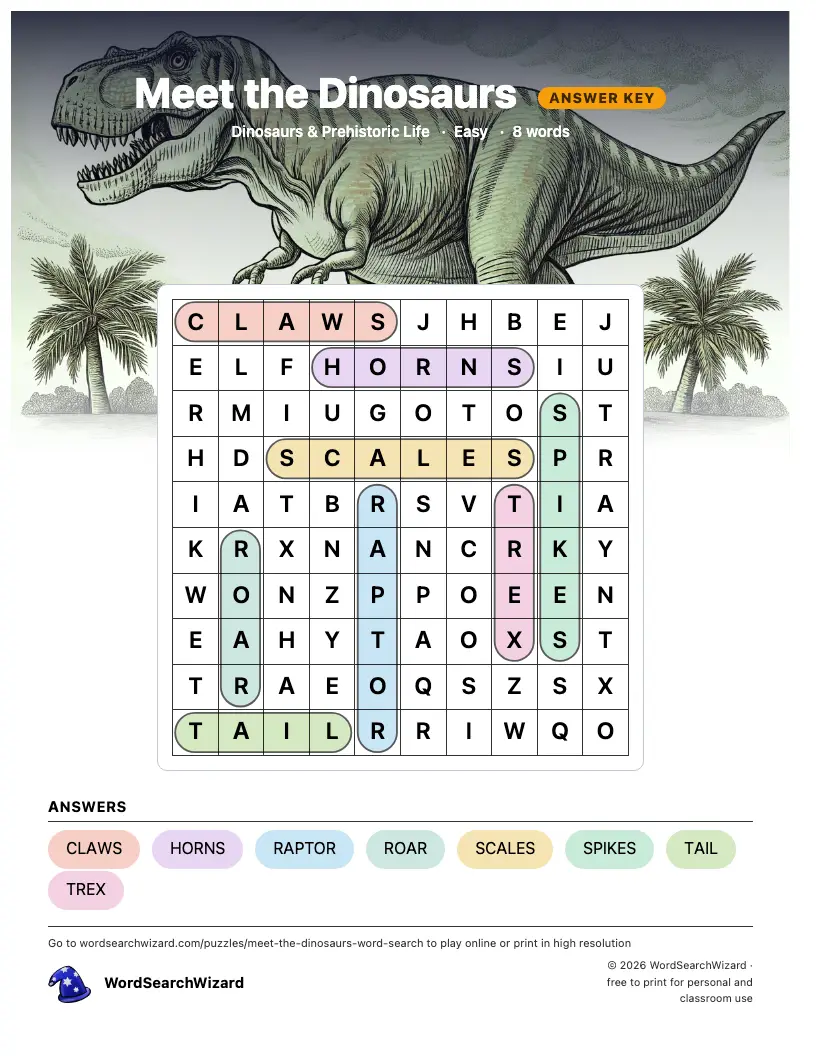 Meet the Dinosaurs word search answer key, all 8 words marked