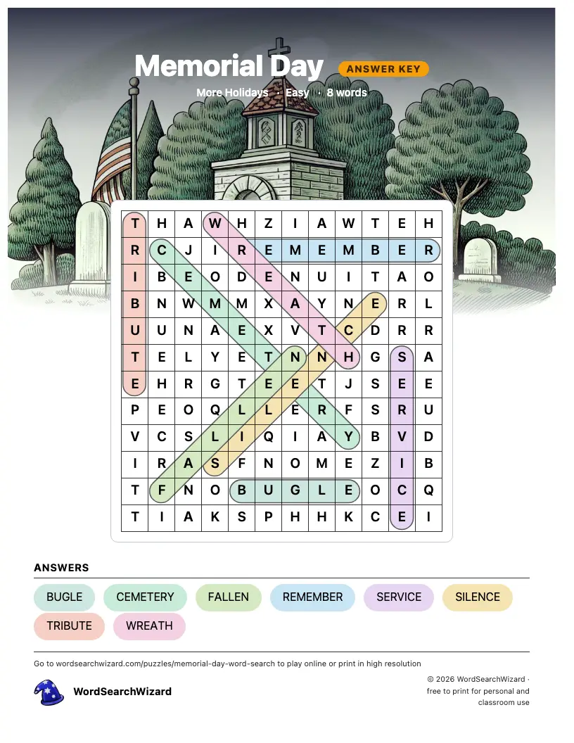 Memorial Day word search answer key, all 8 words marked