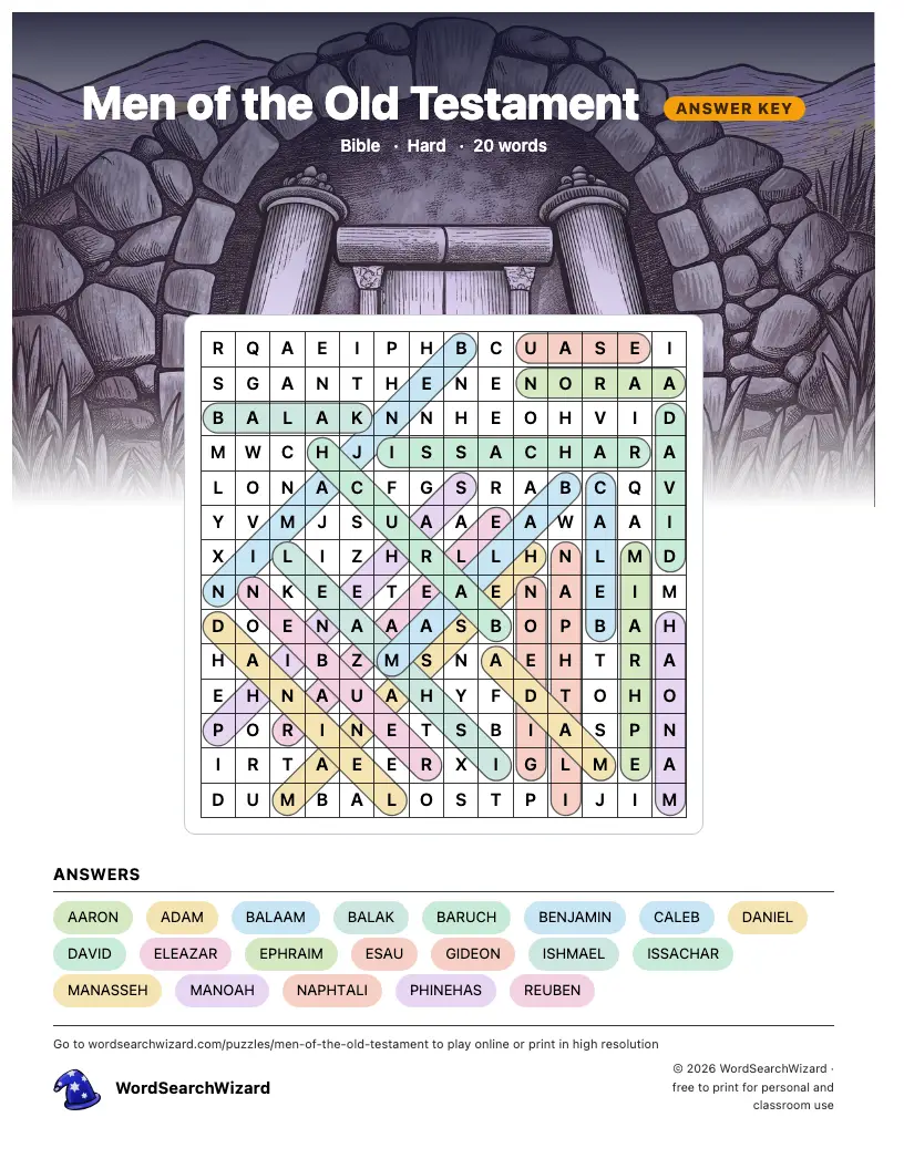 Men of the Old Testament word search answer key, all 20 words marked