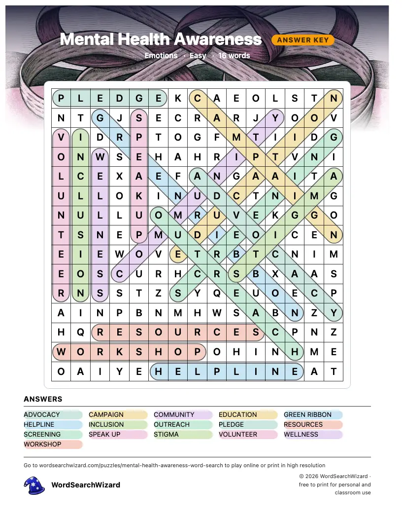 Mental Health Awareness word search answer key, all 16 words marked