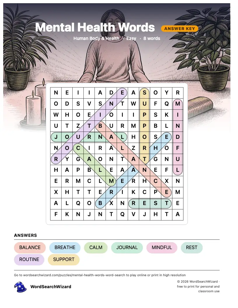 Mental Health Words word search answer key, all 8 words marked