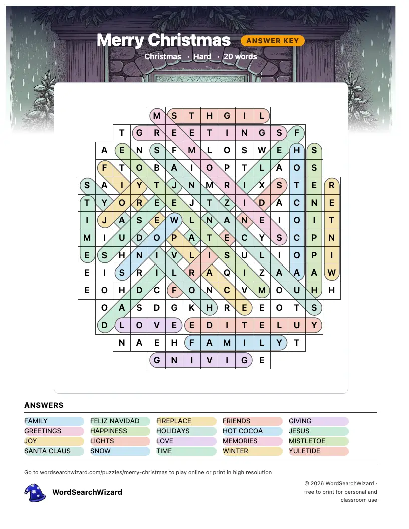 Merry Christmas word search answer key, all 20 words marked