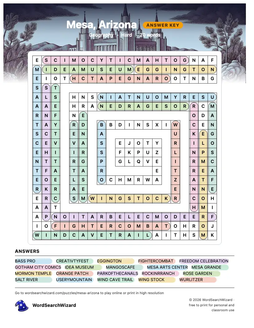 Mesa, Arizona word search answer key, all 20 words marked