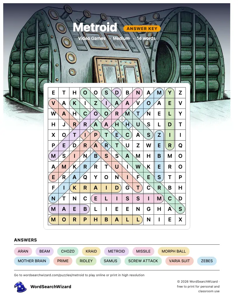 Metroid word search answer key, all 14 words marked