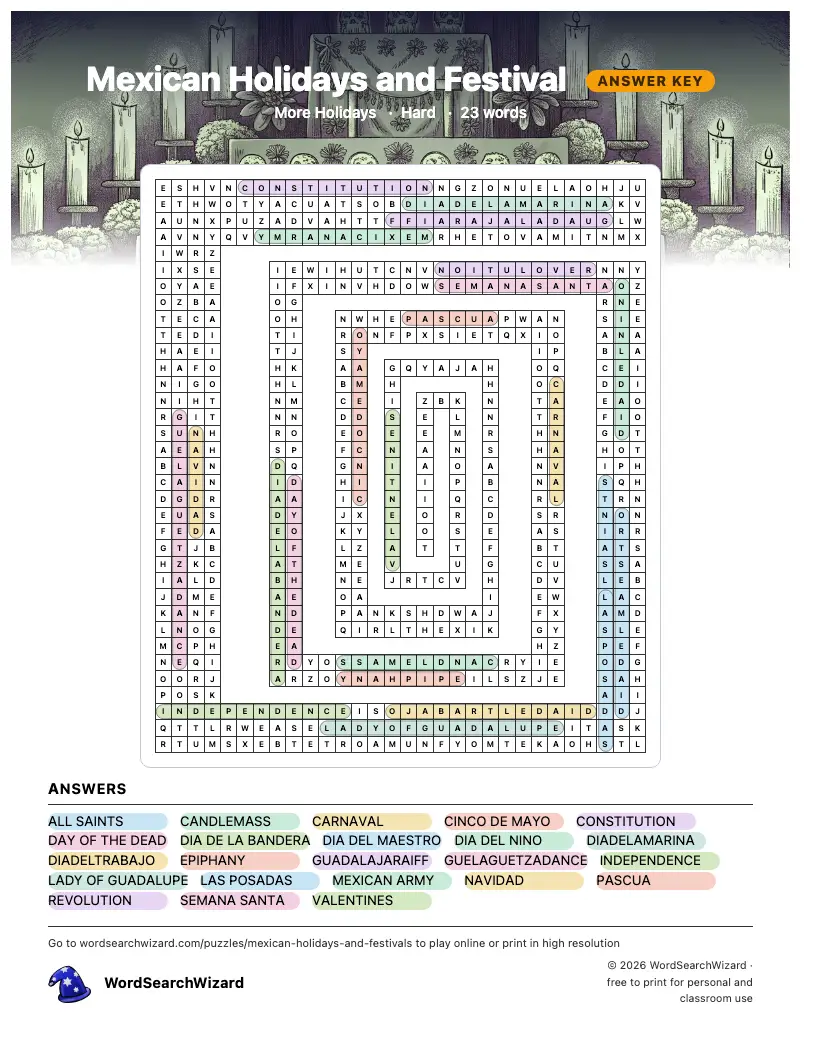 Mexican Holidays and Festival word search answer key, all 23 words marked