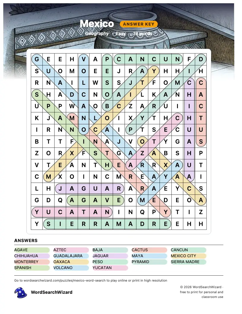 Mexico word search answer key, all 18 words marked