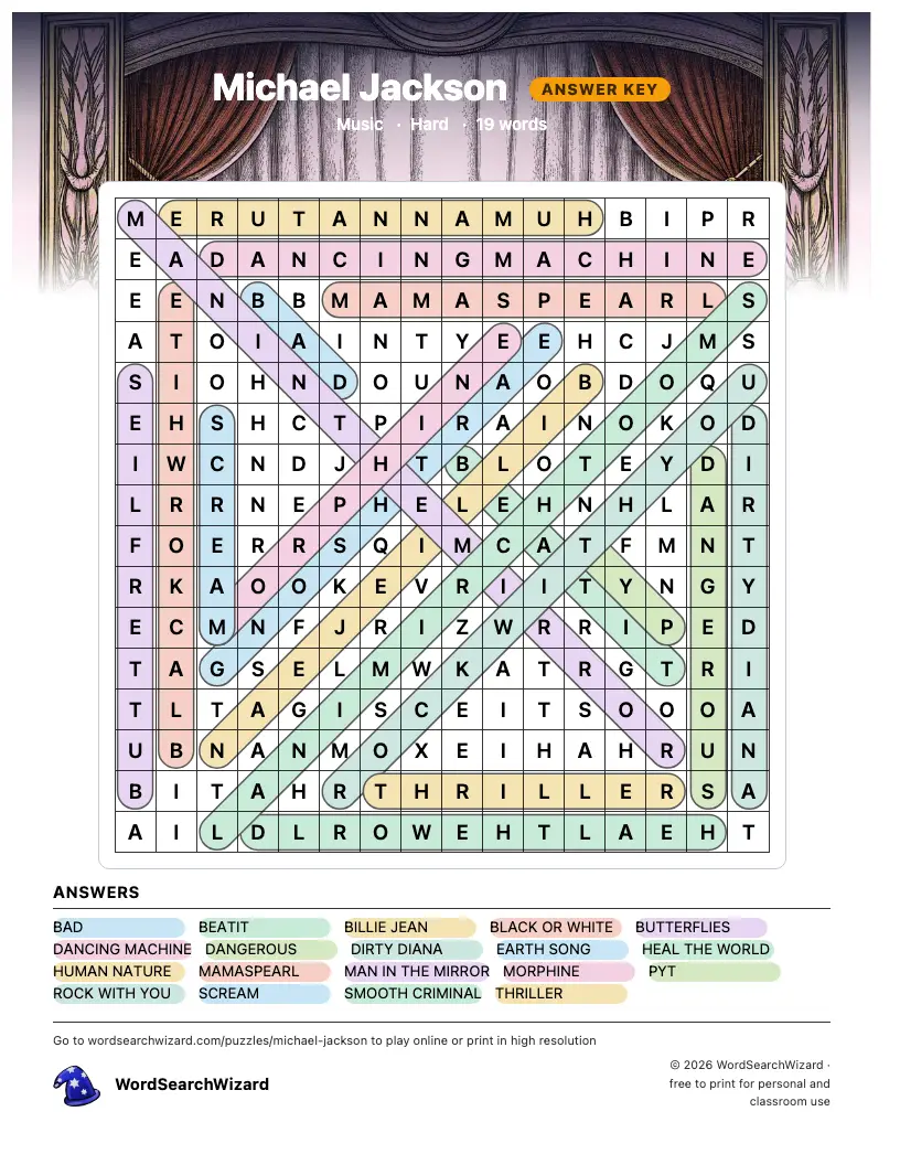 Michael Jackson word search answer key, all 19 words marked